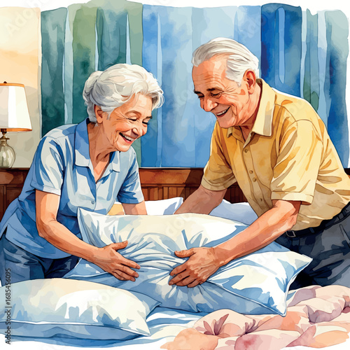 Watercolor vector of elderly couple preparing bed together, nightly bonding routine, isolated
