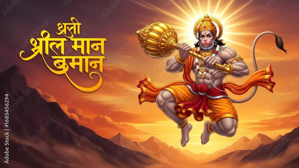 Majestic hanuman in motion: divine strength and spiritual radiance across golden horizons