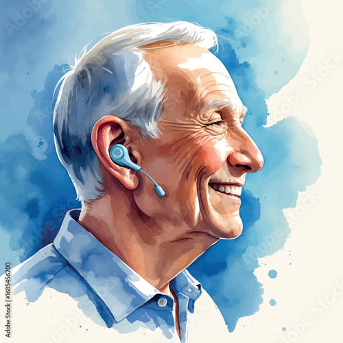 Watercolor vector of senior man wearing hearing aid, profile view with soft smile, isolated