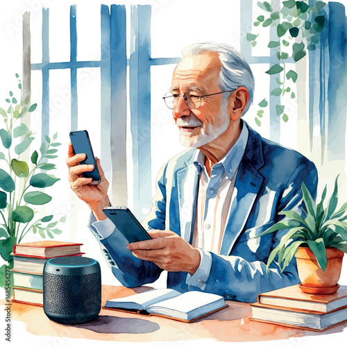 Watercolor vector of elderly man using voice assistant speaker for daily tasks, smart home tech, isolated