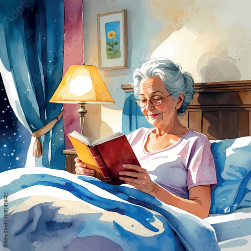Watercolor vector of senior woman reading in bed before sleep, relaxing evening routine, isolated