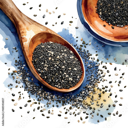 Watercolor vector of chia seeds in spoon and bowl, natural omega-3 source, isolated