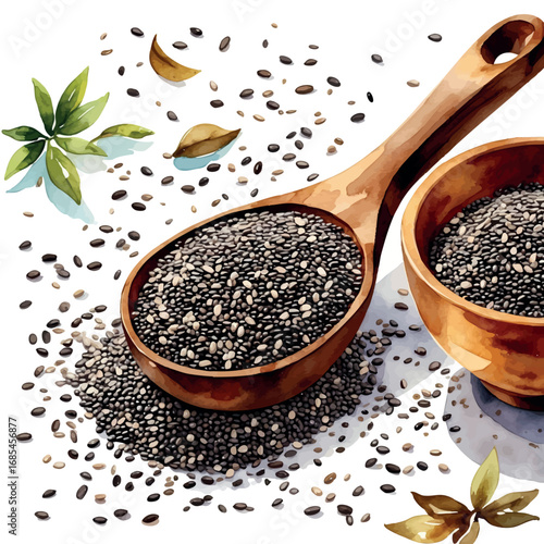 Watercolor vector of chia seeds in spoon and bowl, natural omega-3 source, isolated
