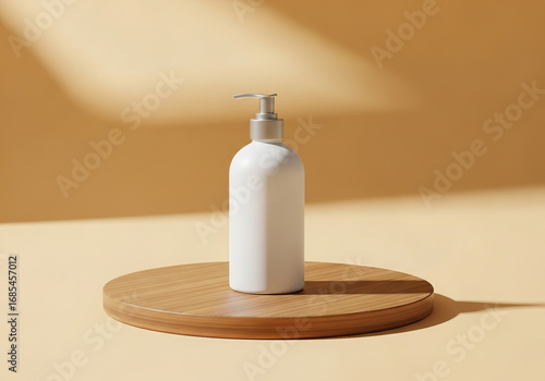 White Pump Bottle on Wooden Round Display.