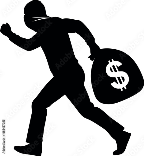 Vector vector art of silhouette of a thief running with a money bag transparent background