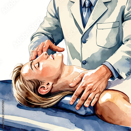 Watercolor vector of chiropractor performing neck adjustment on patient