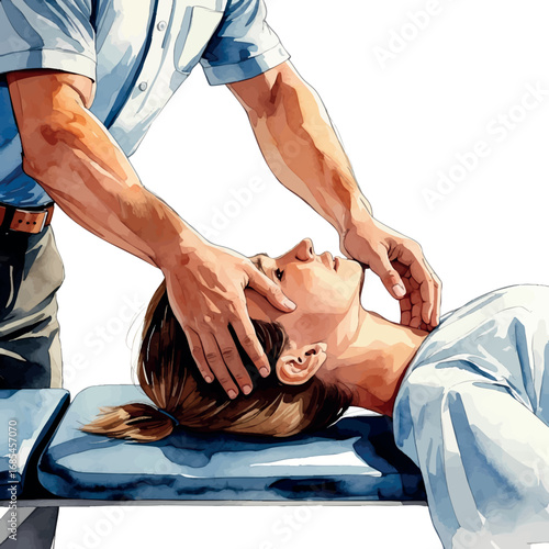 Watercolor vector of chiropractor performing neck adjustment on patient