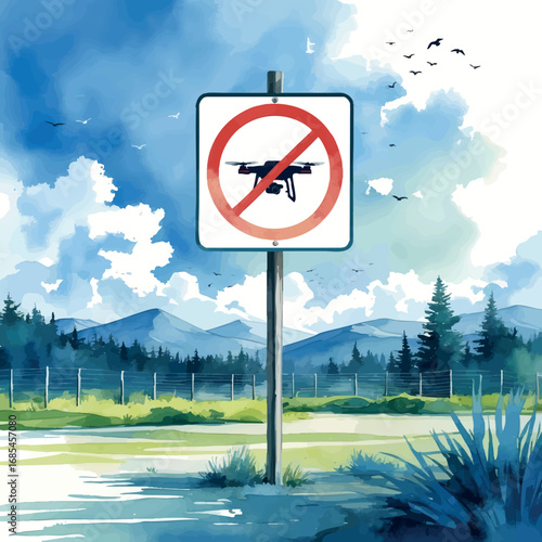 Watercolor vector anti-drone zone warning sign – civilian restricted airspace icon, isolated