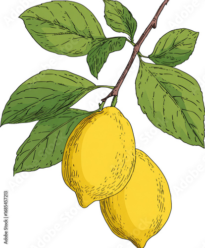 Two vibrant yellow lemons hang on a branch, with lush green leaves