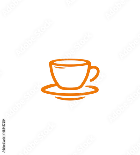 Orange coffee cup graphic.  Simple, pixelated,  outline art of a coffee cup and saucer