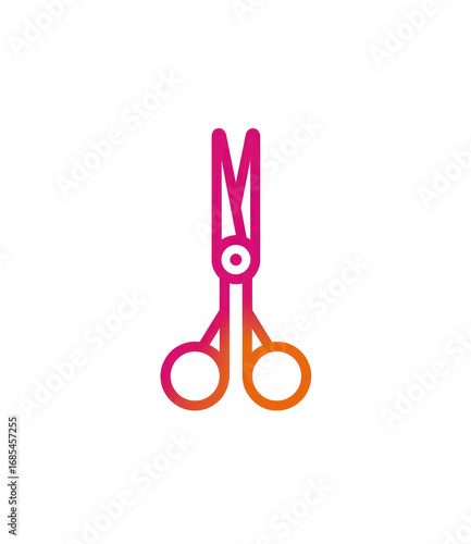 Colorful graphic of child's safety scissors.  A vibrant gradient of pinkish-orange and orange-red defines the outline of the scissor blades.  The design is simple and clearly depicts the scissor shape