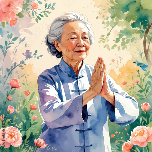 Watercolor vector of senior woman practicing tai chi in garden, pastel tones