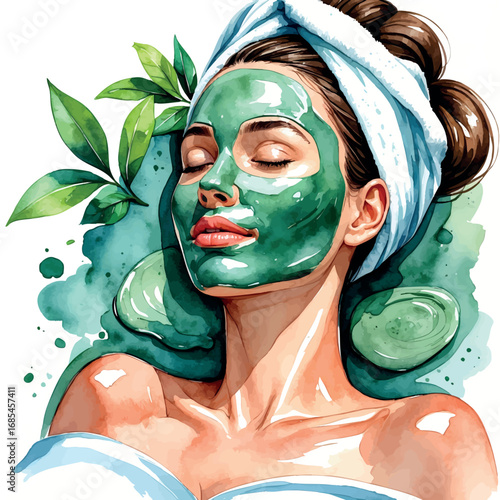Watercolor vector of facial mask routine – relaxing beauty moment with towel and green clay, isolated