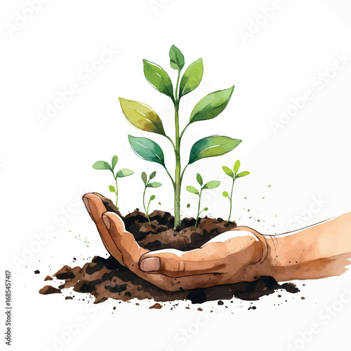 Watercolor vector hand planting sprout symbolizing healing and growth