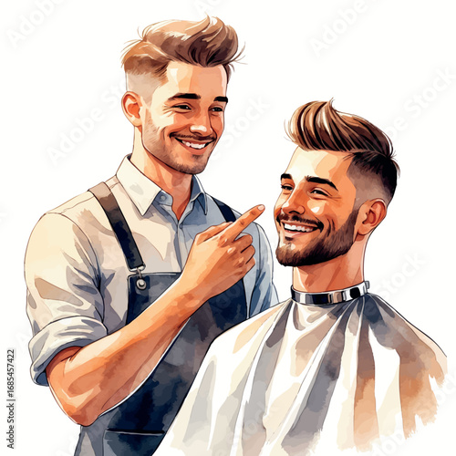 Watercolor vector of smiling barber and client after haircut – casual conversation, isolated on white