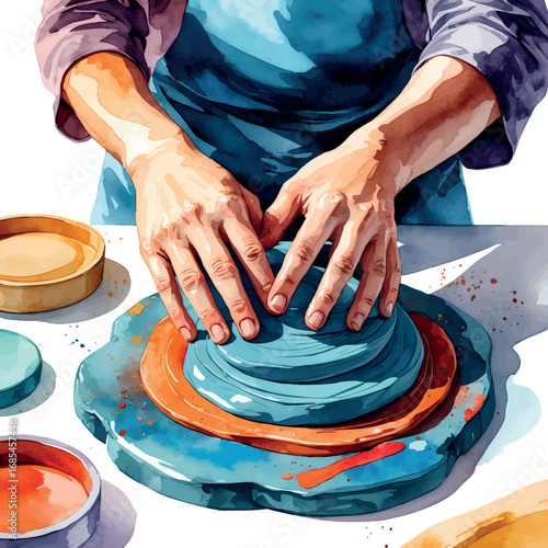 Watercolor vector of hands shaping clay in art therapy session, tactile healing expression, isolated