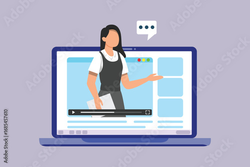 Online webinar by female resource person. Study online Concept. Colored flat vector illustration isolated