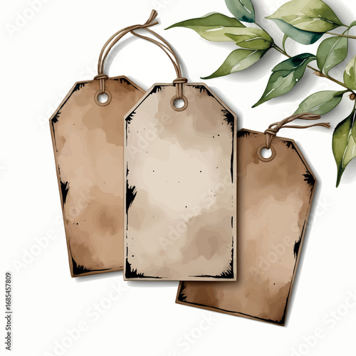 Watercolor vector of handdrawn kraft gift tags – natural style with string holes, isolated