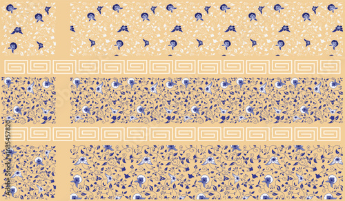 Chinese Floral Seamless Pattern with Blue Ornament on Beige Background, elegant flora pattern, porcelain