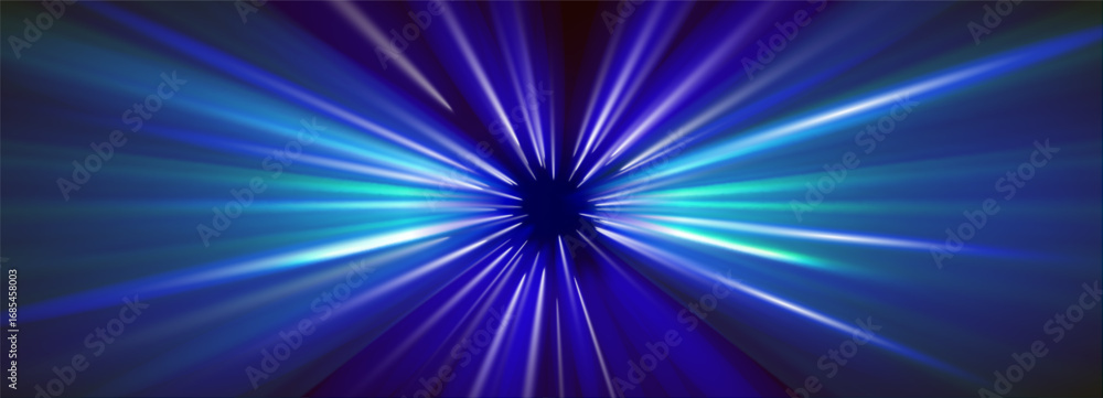 Obraz premium Blue hyperspace lightspeed effect with warp tunnel motion and neon star trails. Abstract quantum glows or digital laser patterns for cosmic backgrounds. Dynamic splash optics or infinity blur design.