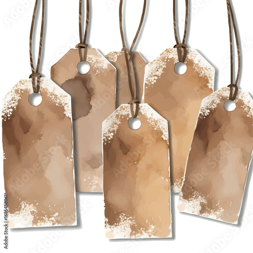 Watercolor vector of handdrawn kraft gift tags – natural style with string holes, isolated