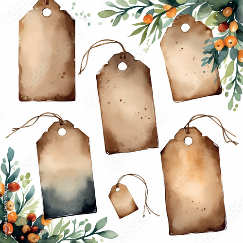 Watercolor vector of handdrawn kraft gift tags – natural style with string holes, isolated