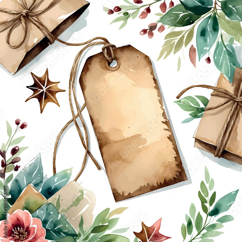 Watercolor vector of handdrawn kraft gift tags – natural style with string holes, isolated