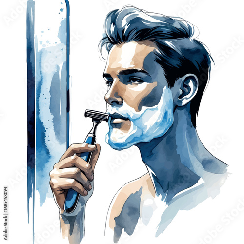 Watercolor vector of man shaving – daily grooming routine with foam and razor, isolated on white
