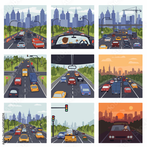 Illustrated urban traffic scenarios: a comprehensive collection of cars, roads, cityscapes, and drivers in various daily commutes, from daytime congestion to sunset journeys.