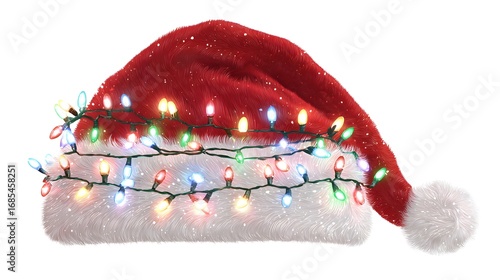 Festive Santa Hat with Christmas Lights Trim Clipart on White Background