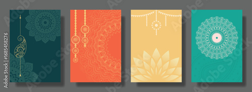 Colorful Mandala and Paisley Poster Set with Lotus Ornament and Ethnic Pattern Design