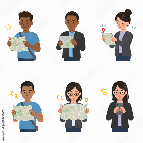 Diverse individuals navigating with maps and digital devices, showcasing various emotions and methods for finding directions and exploring new places.