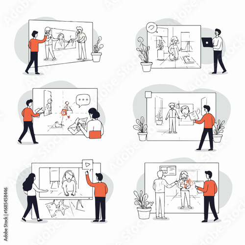 People interacting with digital interfaces, virtual reality, and creative content for modern business and design solutions.