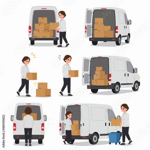 Delivery worker loading and unloading boxes from a white cargo van, illustrating logistics, shipping, and package handling processes.
