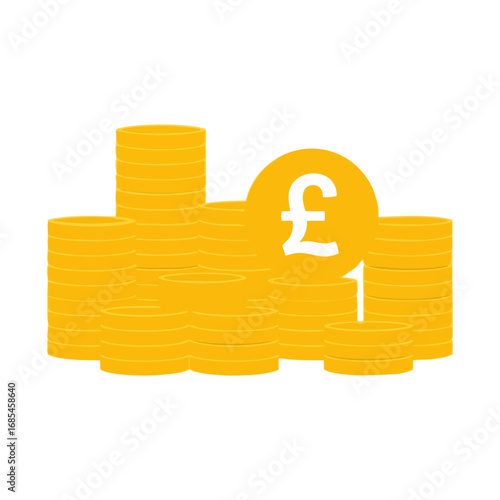 Golden Pound Sterling coins illustration, showing a stack and a single coin. Represents British currency, finance, and wealth. Ideal for banking, investment, and economic concepts