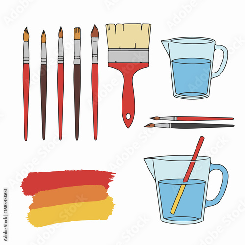 Collection of art painting tools including various brushes, water pitchers, and colorful paint strokes on a white background, ideal for creative projects.