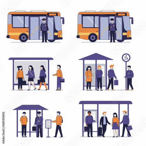 Illustrations of public bus transportation, featuring diverse passengers commuting, waiting at bus stops, and bus drivers, depicting urban daily life and travel.