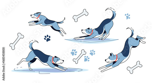 Energetic blue dogs playful poses with bones and paw prints for fun
