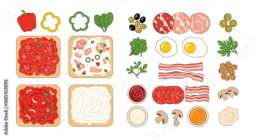 Various ingredients and toppings for pizza preparation and cooking