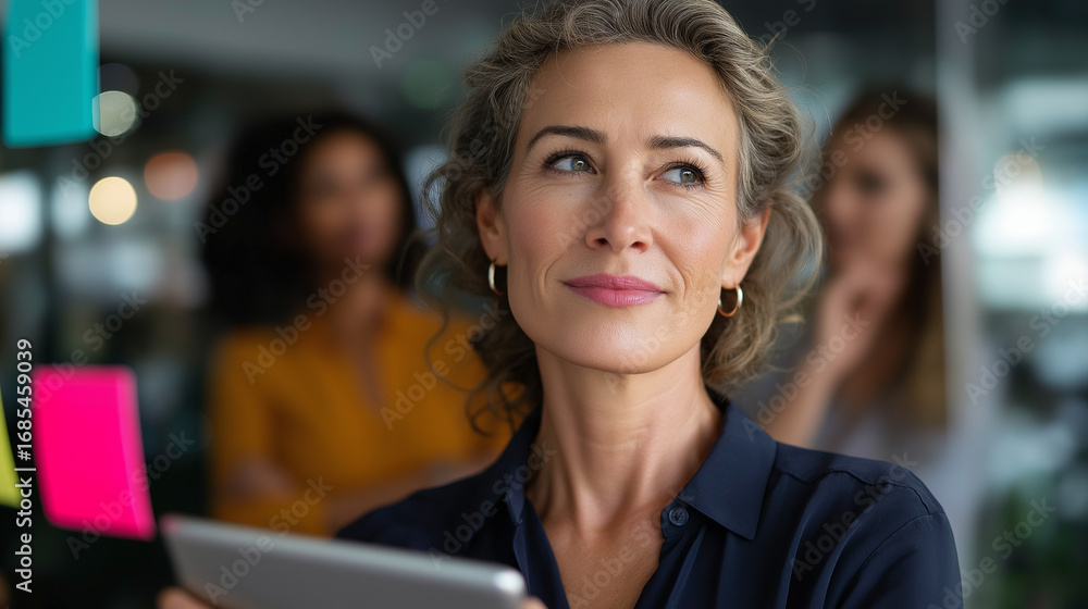 A thoughtful female team gathered by a glass wall with sticky notes one holding a tablet while others brainstorm daylight reflecting on the glass composition symbolizing agendas A thoughtful female team gathered by a glass wall with sticky notes one holding a tablet while others brainstorm daylight reflecting on the glass composition symbolizing agendas