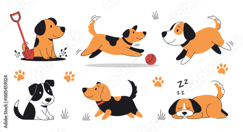 Collection of adorable puppies playing and resting in a field outdoor adventure scenes