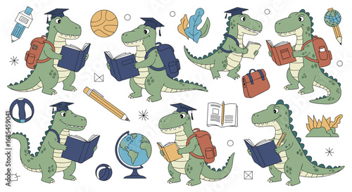 Cute dinosaur wearing graduation cap reading books backpack globe and school supplies