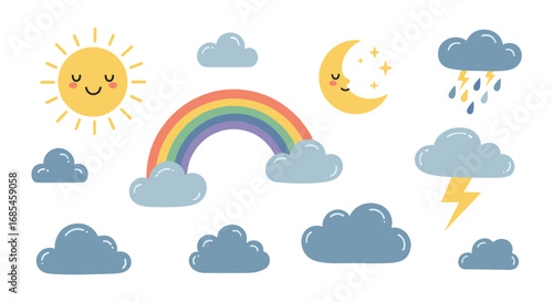 Cute weather elements collection featuring sun rainbow moon clouds rain thunderstorm lightning