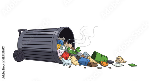 A tumbling garbage bin overflows with various discarded waste items and debris