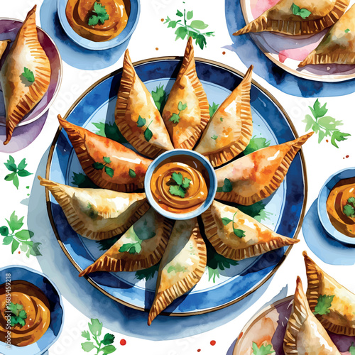 Watercolor vector of samosas with chutney, traditional iftar dish, isolated on white