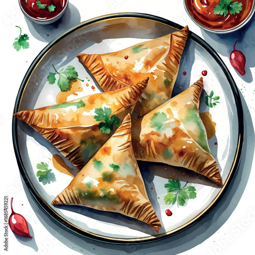 Watercolor vector of samosas with chutney, traditional iftar dish, isolated on white