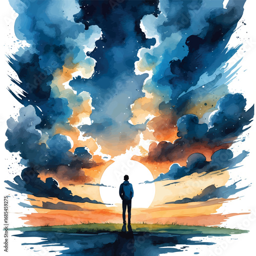 Watercolor vector transition from storm to peace with sunrise and person