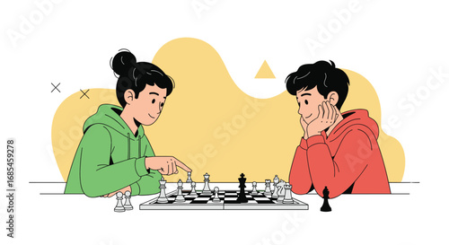 Two young people playing a strategic game of chess on a table with a chessboard between them learning together