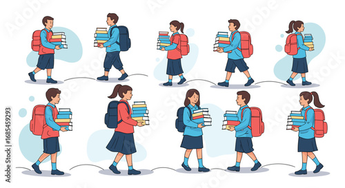 Diverse students carrying backpacks and stacks of books walking to school