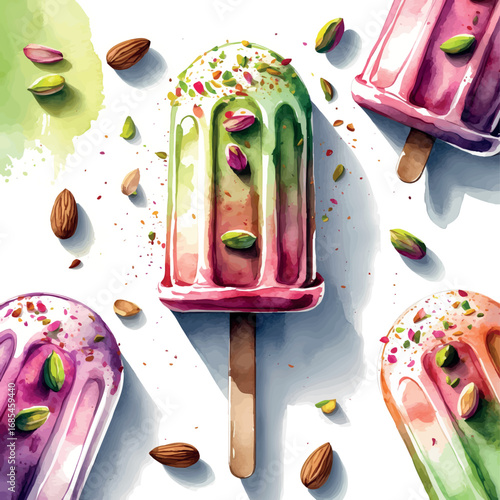 Watercolor vector of Indian kulfi on stick with pistachio and almond, isolated on white